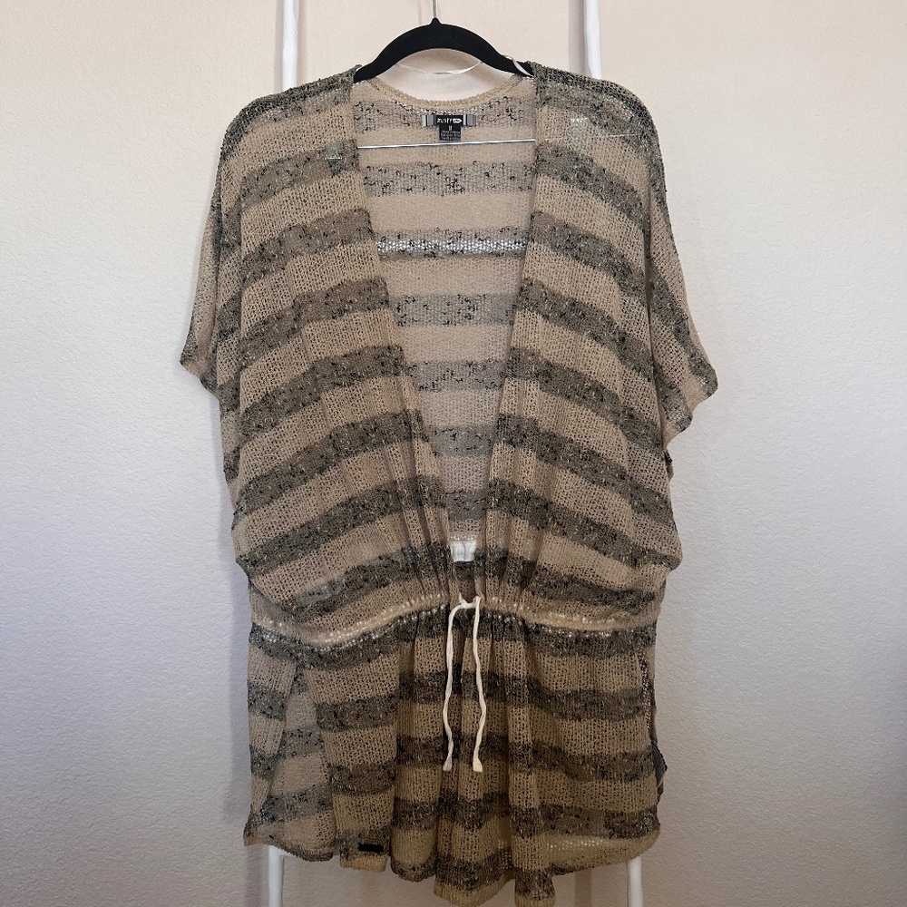 Rusty Open Knit Swim Cover Up Beige Striped Kimono Size M